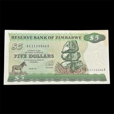 Zimbabwe 5 Dollars, 1994, P-2d, UNC RARE BROKEN LADDER SERIAL NUMBER RARE