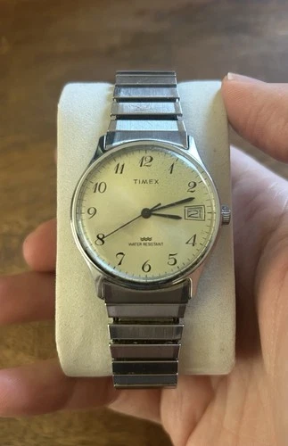 Vintage 1985 Timex Marlin Date Silver Tone Men's 34mm Mechanical Watch