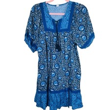 Boho Puff Sleeve Blue Blossoms Printed Mini Swing Dress Size Medium