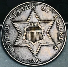 1861 Three Cent Silver Piece Trime 3c Type 3 CIVIL WAR DATE US Coin CC28611