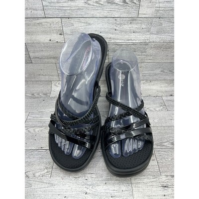 Skechers Rumblers Black Wedge Sandals Rhinestone Braided Strappy Women Sz 11