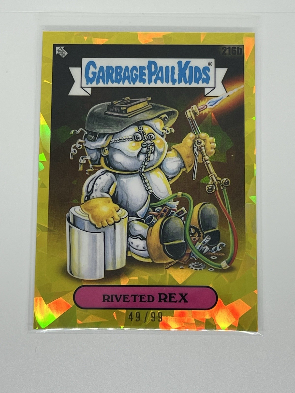 2022 Topps Garbage Pail Kids Sapphire Edition Yellow #216b Riveted Rex front