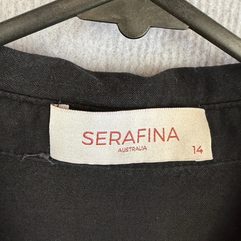 Vestido Serafina Mujer 14 Negro Camisa Mezcla de Lino Bolsillos Corbata Cintura Midi Foto 2 de 4