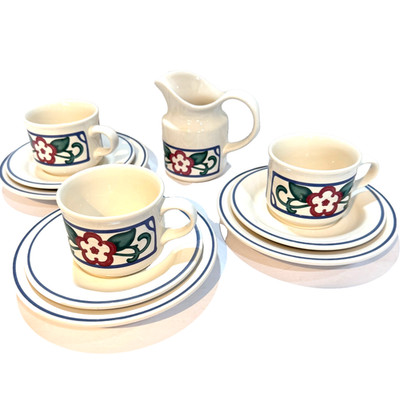 Pfaltzgraff ARBOR VINE Red Flower Blue Border 3Salad Plate~3Cup~3Saucer &Creamer