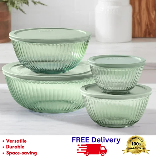 Pyrex 8-Pc Tinted Glass Mixing Bowls Set Fluted Design with BPA-Free Lids