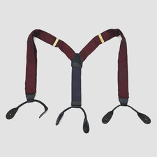Vtg CAS Germany Silk Suspenders Red Floral Black Leather Button Tab Braces Gold