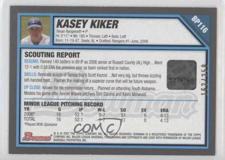 2007 Bowman Prospects Orange /250 Kasey Kiker #BP116 Auto - Image 2 of 2