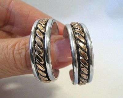TOM HAWK~NATIVE AMERICAN NAVAJO~STERLING SILVER &12K GF~1'' HOOP EARRINGS~14.8 GR