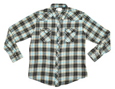 Wrangler Wrancher Men's L Blue Black Brown Plaid Pearl Snap Long Sleeve Western