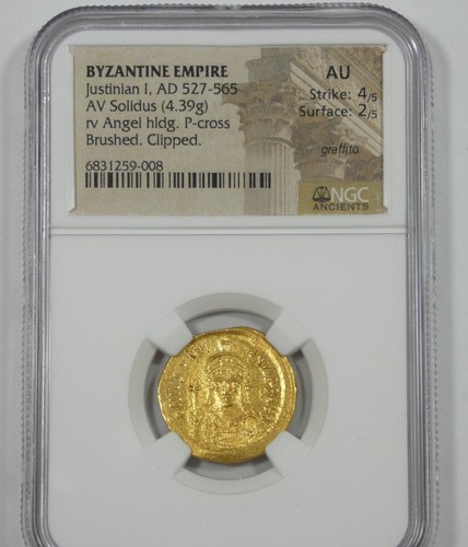 Byzantine Empire Justinian GOLD Solidus AD 527-565 NGC Ancients AU 4/5 2/5