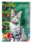 American Shorthair Cat By Christmas Tree Flag