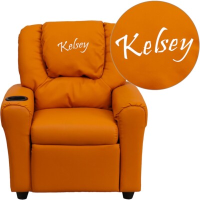 Flash Personalized Orange Vinyl Kids Recliner/Cup Holder and