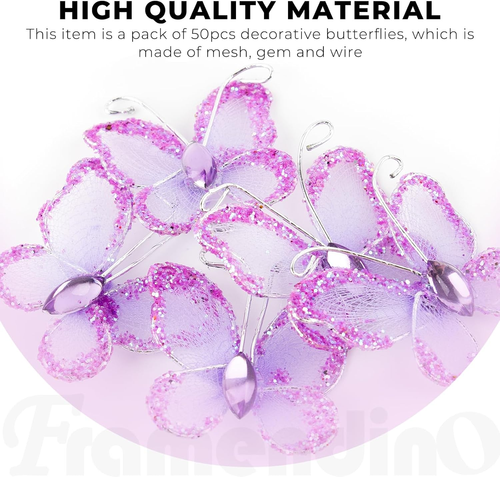 , 50 Pack Organza Butterflies Sheer Mesh Wire Glitter Butterfly Nylon Purple Del - 第 2/9 張圖片
