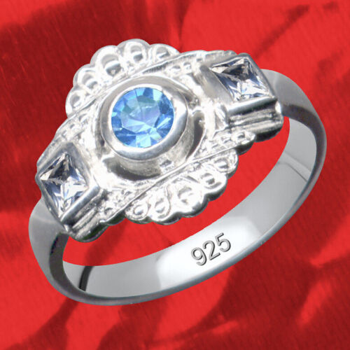 Srebra 925 kryształowego sześciennego cyrkonu Pierścionek Art Deco niebieski - Bild 1 von 4