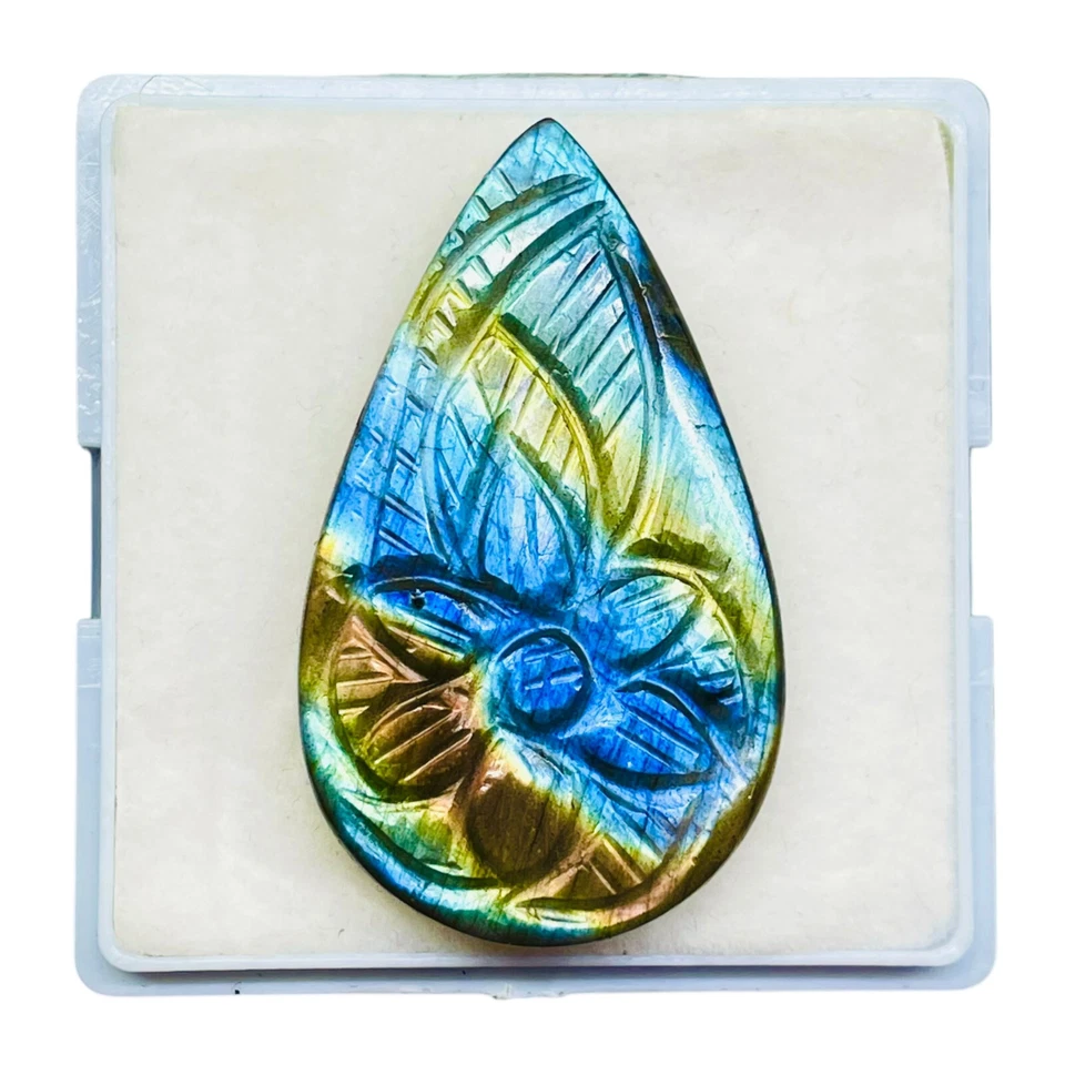 52.45 Cts Natural Carved Labradorit​e 43x25mm Pear Flashy Pendant Size Gemstone - image 3 of 4