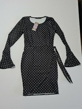 Ladies Dress Boohoo Size 8 Long Sleeve Black With White Spots 5497