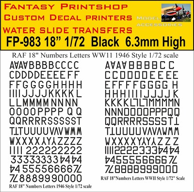 RAF 18'' BUCHSTABEN ZAHLEN WASSERSCHIEBE TRANSFER MODELLBAUSATZ DECALS FP-983 SCHWARZ 1/72