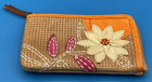 FOSSIL Tan Orange Multi Color Leather Flower Print Zip Pouch Wallet Bag NICE