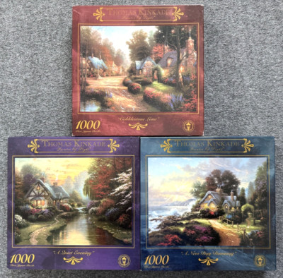 NEW - 3 THOMAS KINKADE 1000 PC Ceaco Puzzles - Quiet Evening, Cobblestone Lane