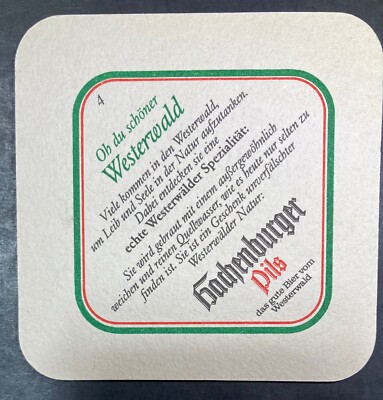 HACHENBURGER PILS 3.5 INCH SQUARE  BEER COASTER 4 OH DU SCHONER WESTERWALD
