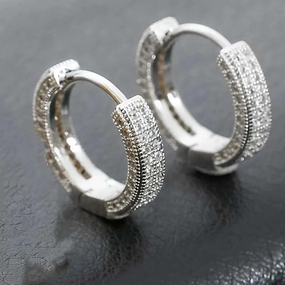 Orecchini a Cerchio con Doppi zirconi Uomo Donna Unisex Cerchietto in Acciaio - Immagine 2 di 4