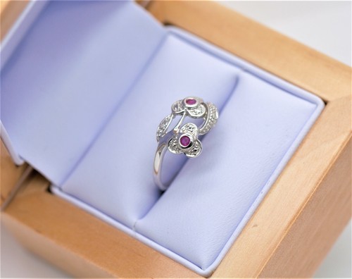 Sterling Silver 925 Natural Ruby & Diamond Flower Petal Twist Ring Size M - Picture 8 of 9