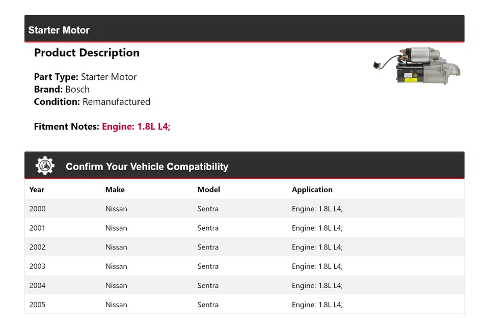 Para 2000-2005 Nissan Sentra 1.8L L4 Bosch Starter (Remanufaturado) 2001 2002 - Imagem 2 de 4