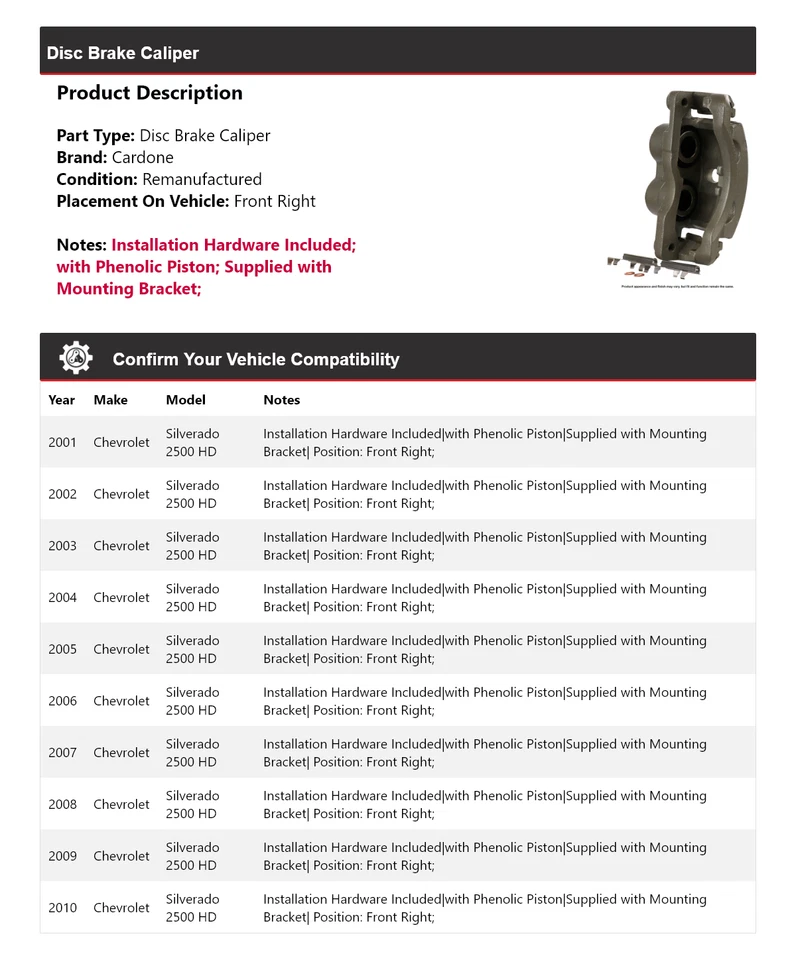Pinza de freno de disco delantera derecha Cardone para Chevrolet Silverado 2500 HD 2001-2010 Foto 2 de 4