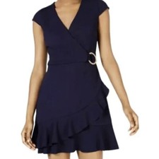 Speechless Women Faux Wrap Dress Navy Blue Cap Sleeve SZ/L