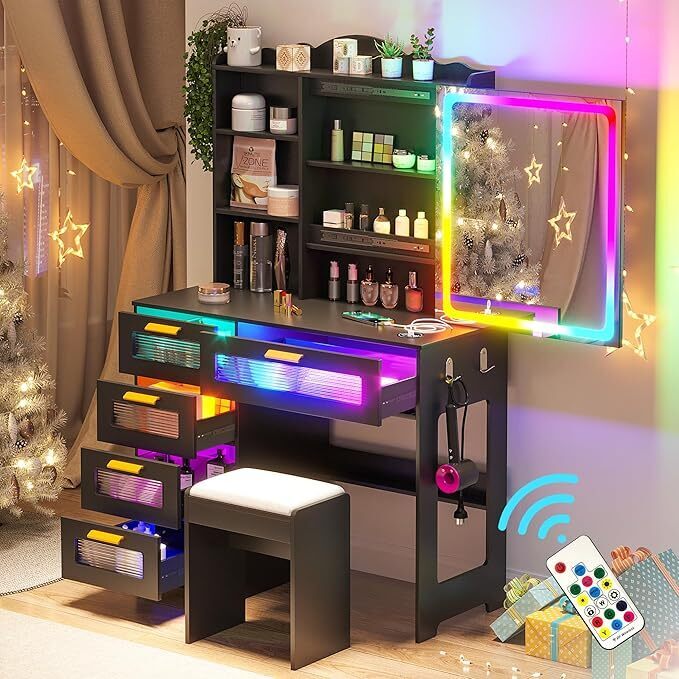 RGB Makeup Vanity Desk with Sliding Mirror, LED Lights, Charging Port & Stool