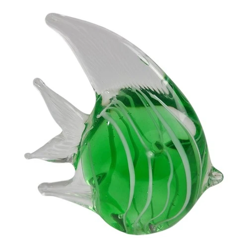 Vintage Murano Style Green White Striped Glass Angelfish Paperweight Figurine