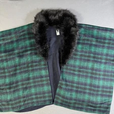 Talbots Plaid Cape Shawl Poncho with Faux Fur Collar Green Blue One Size