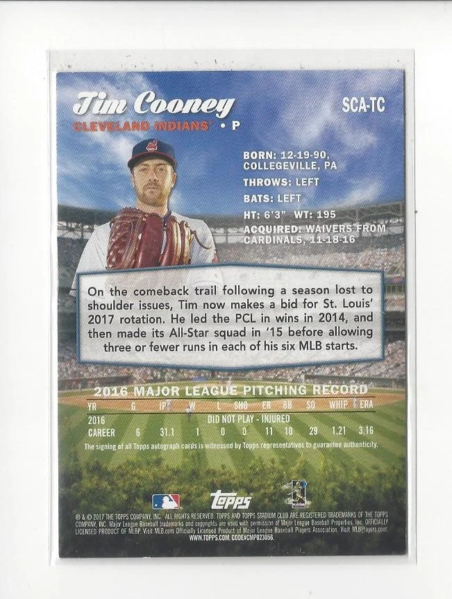2017 Stadium Club Tim Cooney AUTOGRAPH Indians - Image 2 of 2