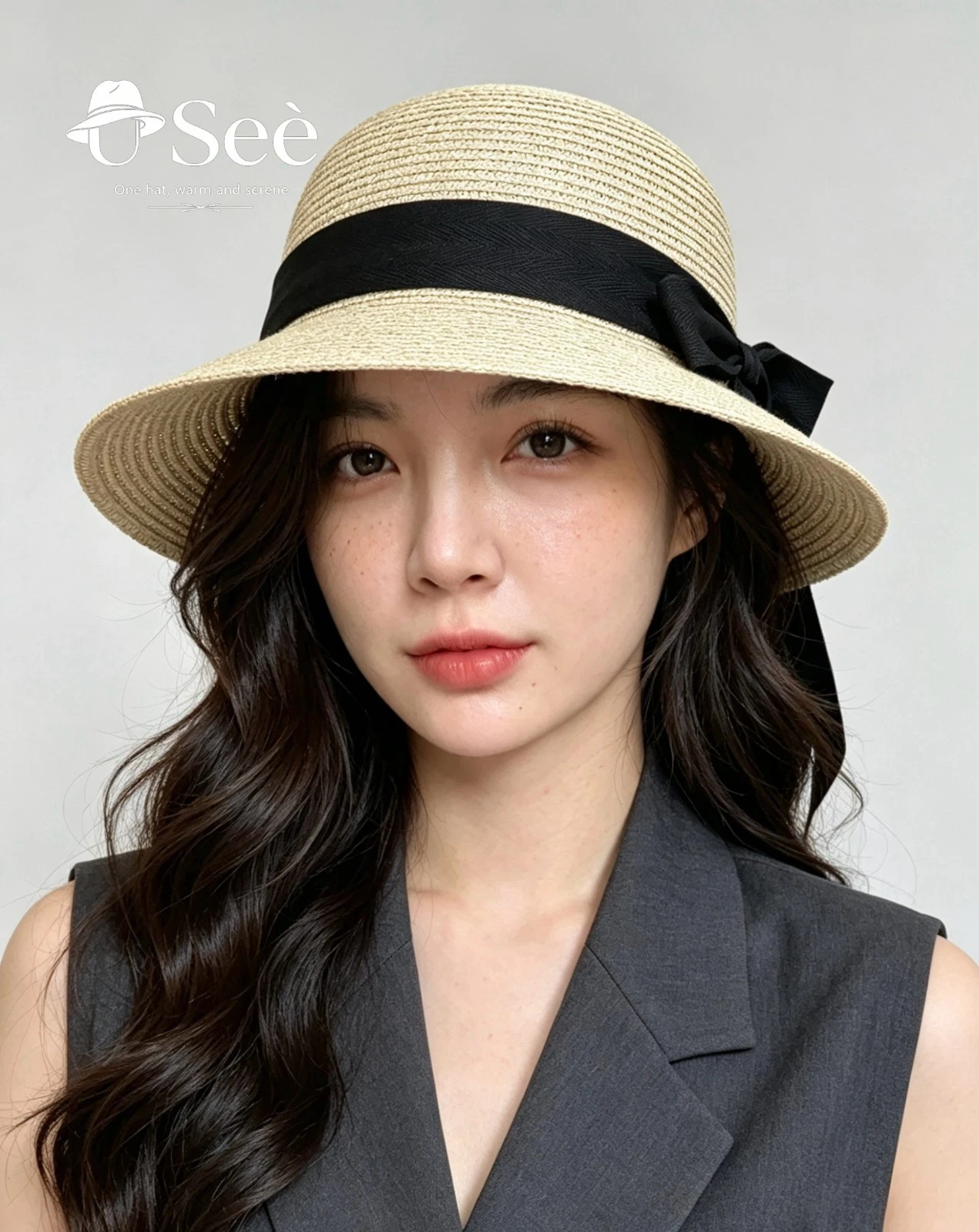 Women Natural Straw Bucket Hat Wide Brim Black Bowknot Band UV Protection Summer