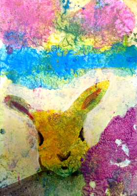 Abstract Bunny Creature Painting ACEO Original Mixed Media Modern Art ATC OOAK