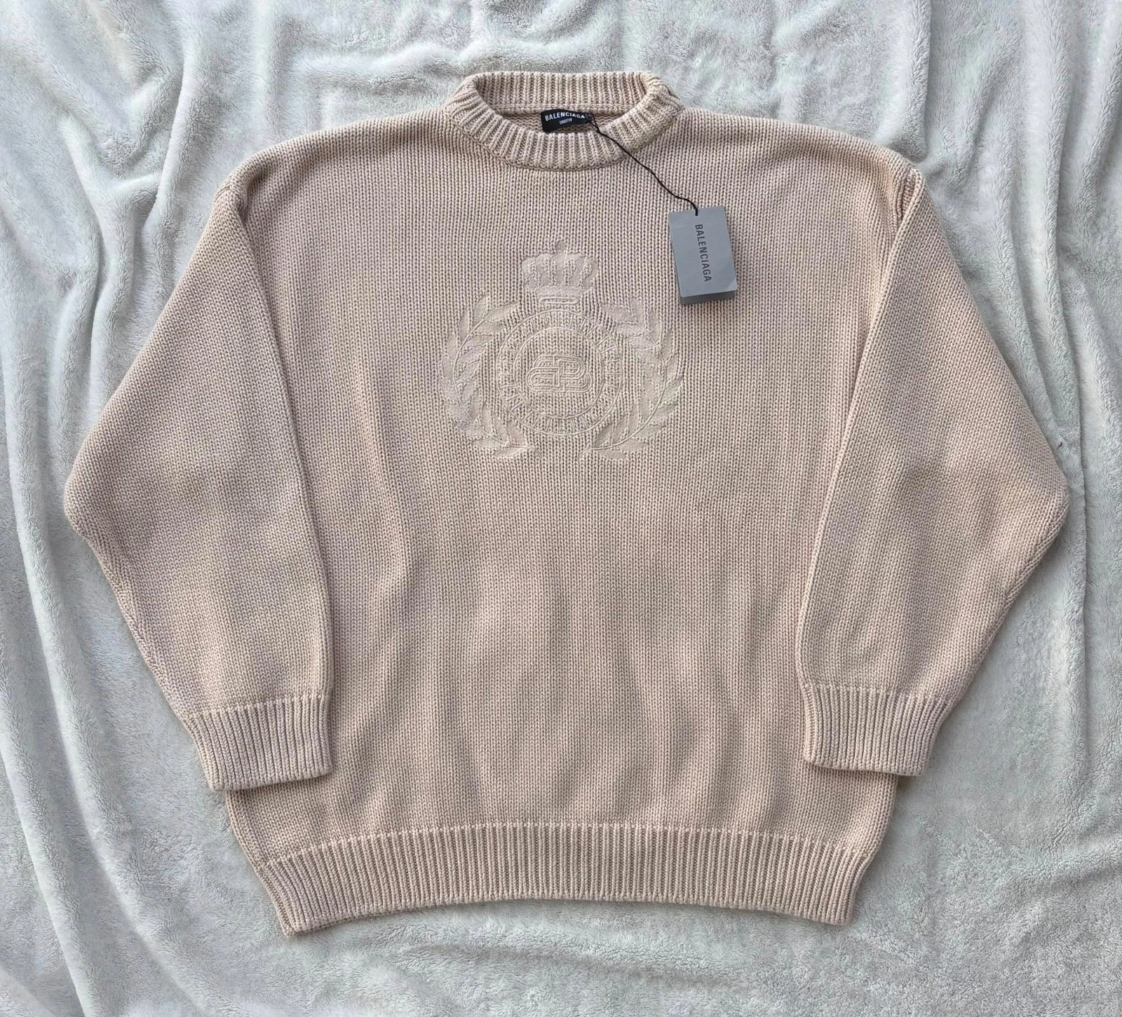 Balenciaga — Balenciaga Chalky White Heavy Knit Crest Sweater - Sz L Fits 2XL - $1550 - New