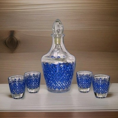MCM Luminarc Decanter & Shot Glass Set Vintage France Blue Diamond Cordials Bar