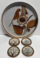 Tonala Mexican Bird Hand Painted Art Pottery Round Tray And Coasters Signed