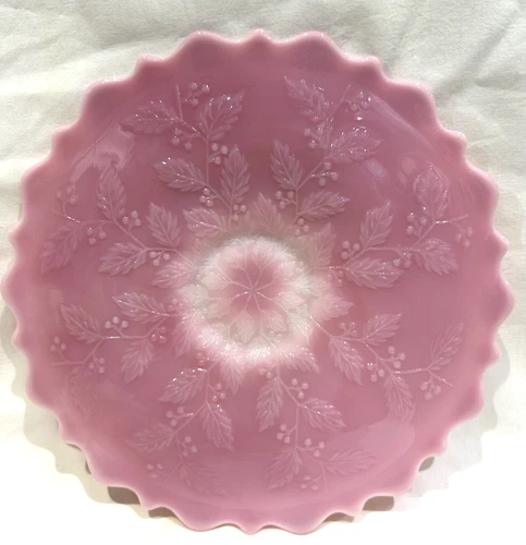 vtg Fenton Rosalene Pink Milk Glass Low Footed Cake Stand Embossed Holly Leaf
