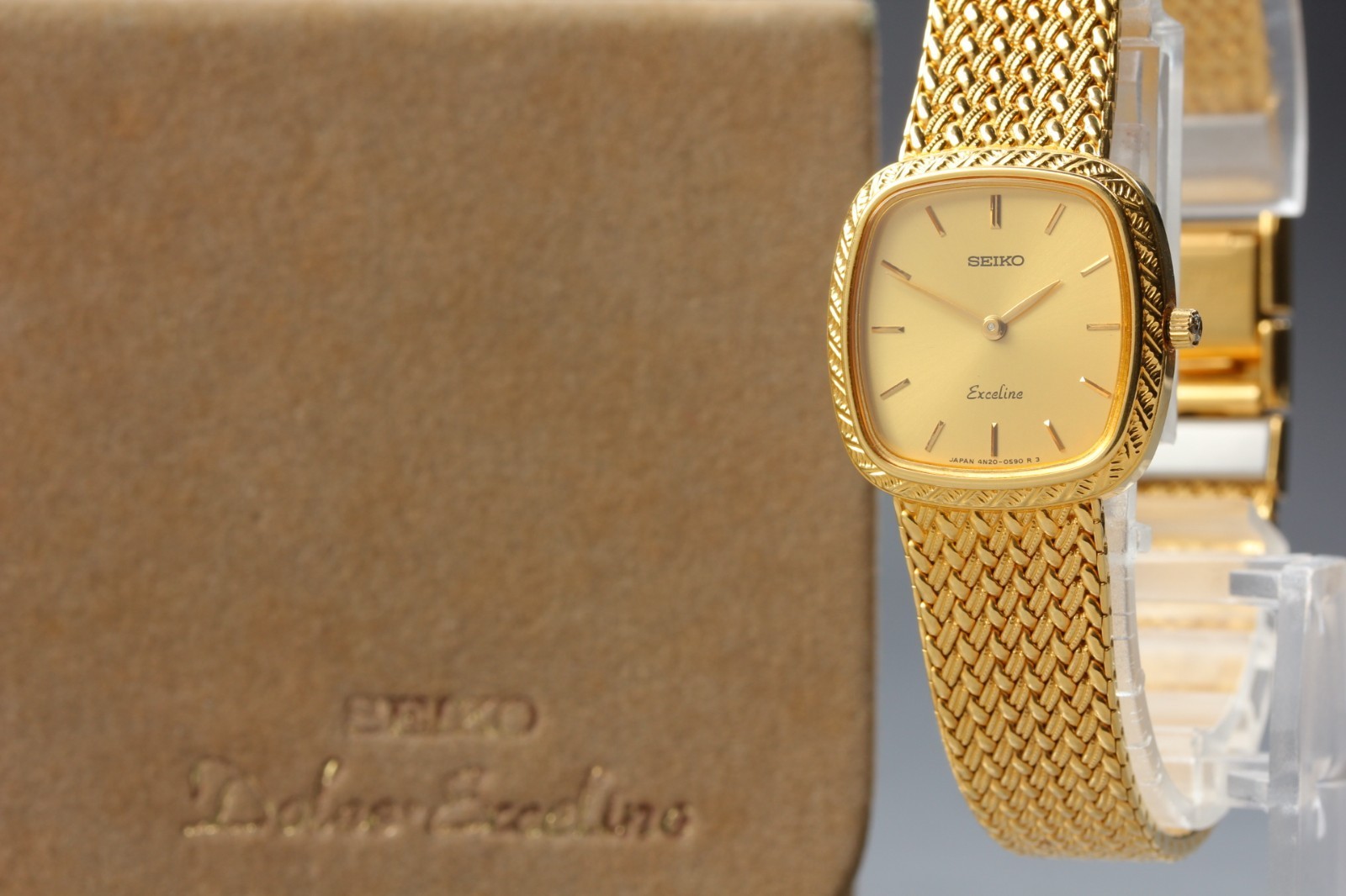 [N MINT] SEIKO Exceline 4N20-5160 Gold Dial Qz Square Ladies Watch 22mm In Stock