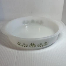 Vintage Glasbake 8" Round Casserole J2429 Baking Dish Green Daisy Milk Glass