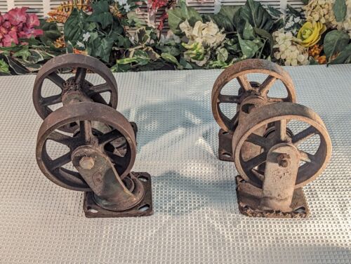 Set 4 Vintage Factory Industrial Caster Cart Mining Wheels Heavyduty Steel - Foto 1 di 23