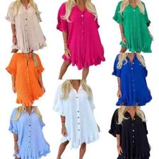 Women's Ladies Gold Button Pleated Frill Summer Shirt Swing Smock Mini Dress Top