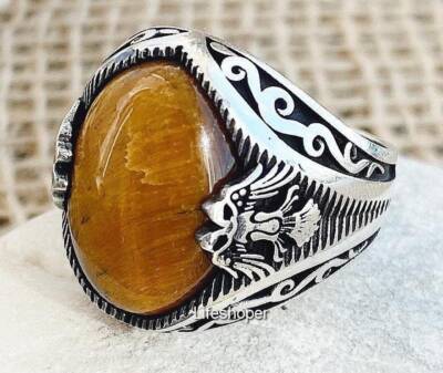 Mens Eagle Ring Tiger Eyes Stone,Silver 925k Mens Ring,Handmade Mens