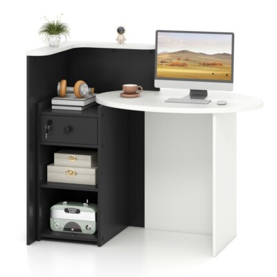 Front Reception Office Desk & Adjustable Open Shelf Oval Desktop Lockable Drawer