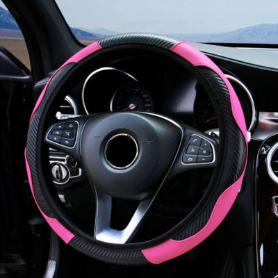15''/38cm Pink Black Leather Car Steering Wheel Cover Anti Slip