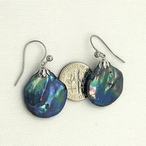 14k White Gold Fishhook Baroque Coin Pearl Dangle Earrings - Picture 3 of 6