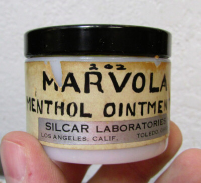Vintage collectible Milk Glass Jar, Marvola Menthol ointment, some left, Silcar