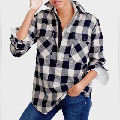 Crew Buffalo Plaid Flannel 1/2 Zip Shirt Jacket Black White L