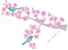 CHERRY BLOSSOMS Pink Flower Blue Bird Wall Art Mural Decals Appliques Stickers